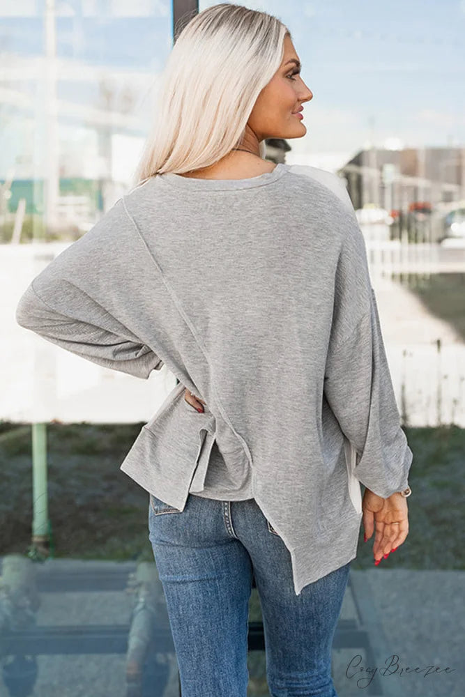 Long Khaki Irregular Arm Colorblock Stitching Hem Blouse