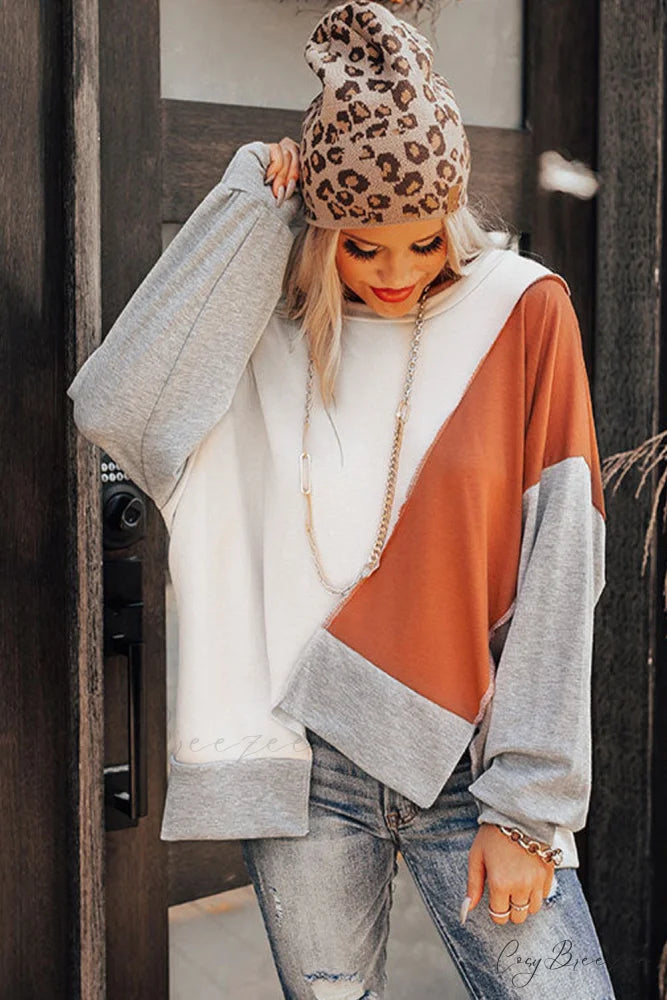 Long Khaki Irregular Arm Colorblock Stitching Hem Blouse