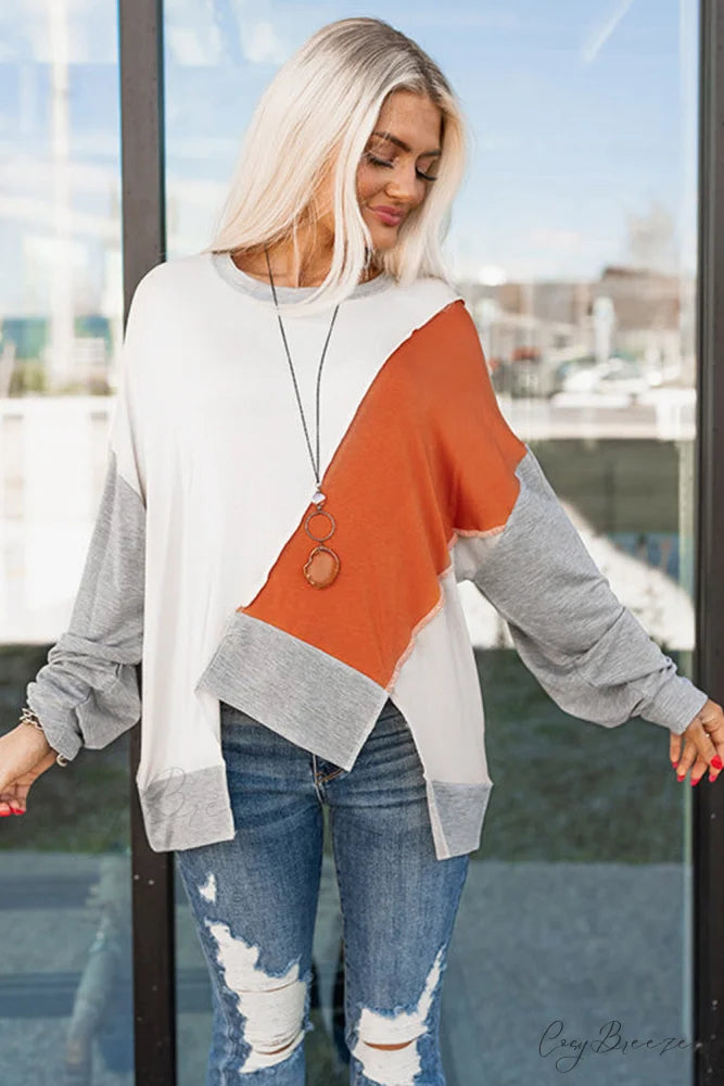 Long Khaki Irregular Arm Colorblock Stitching Hem Blouse