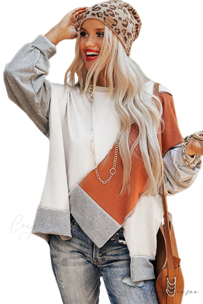Long Khaki Irregular Arm Colorblock Stitching Hem Blouse
