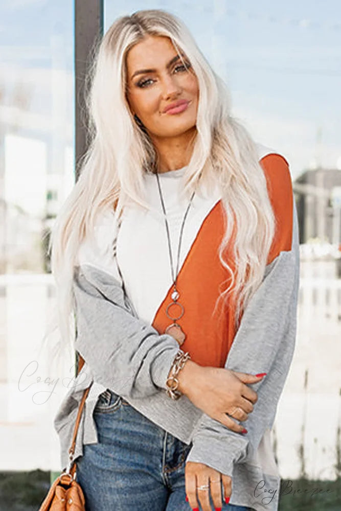 Long Khaki Irregular Arm Colorblock Stitching Hem Blouse
