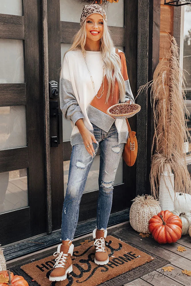 Long Khaki Irregular Arm Colorblock Stitching Hem Blouse