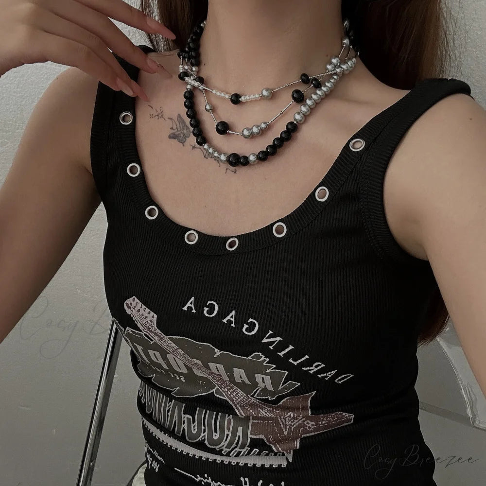 Long Pearl Layered Choker Necklace BLACK