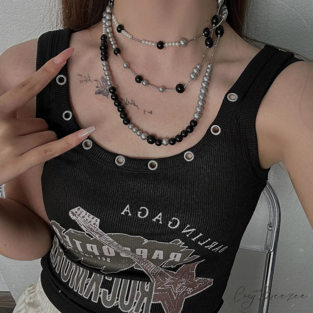 Long Pearl Layered Choker Necklace BLACK