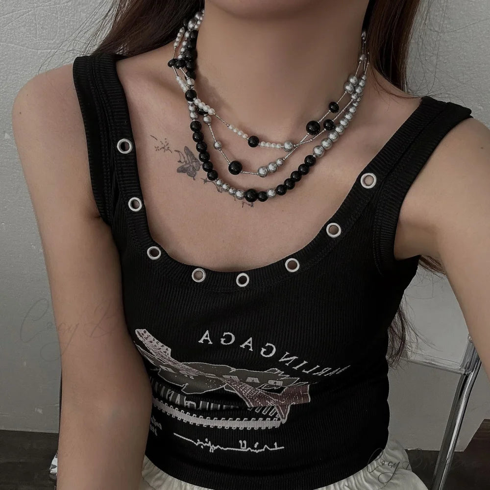 Long Pearl Layered Choker Necklace BLACK