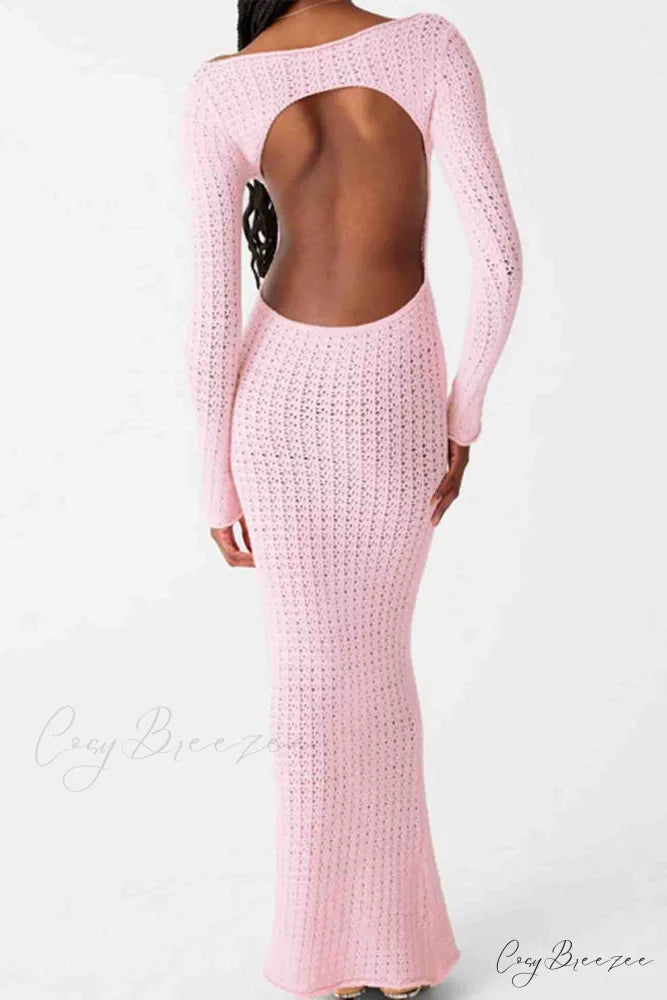 Long Sleeve Backless Knitted Midi Dress with Hollow Out Design Pink / L