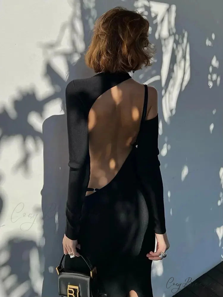 Long Sleeve Backless Party for Women Clothes Club Elegant Gown Hot Midi Dress Fashion Outfits BLACK / S