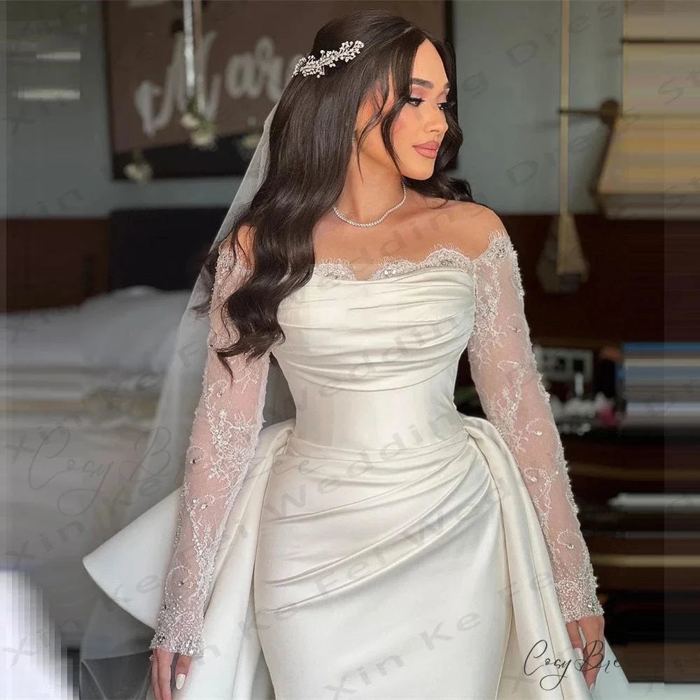 Long Sleeve Bare-Shoulder Satin Bridal Dress lvory white / 2 weddingdress-250223