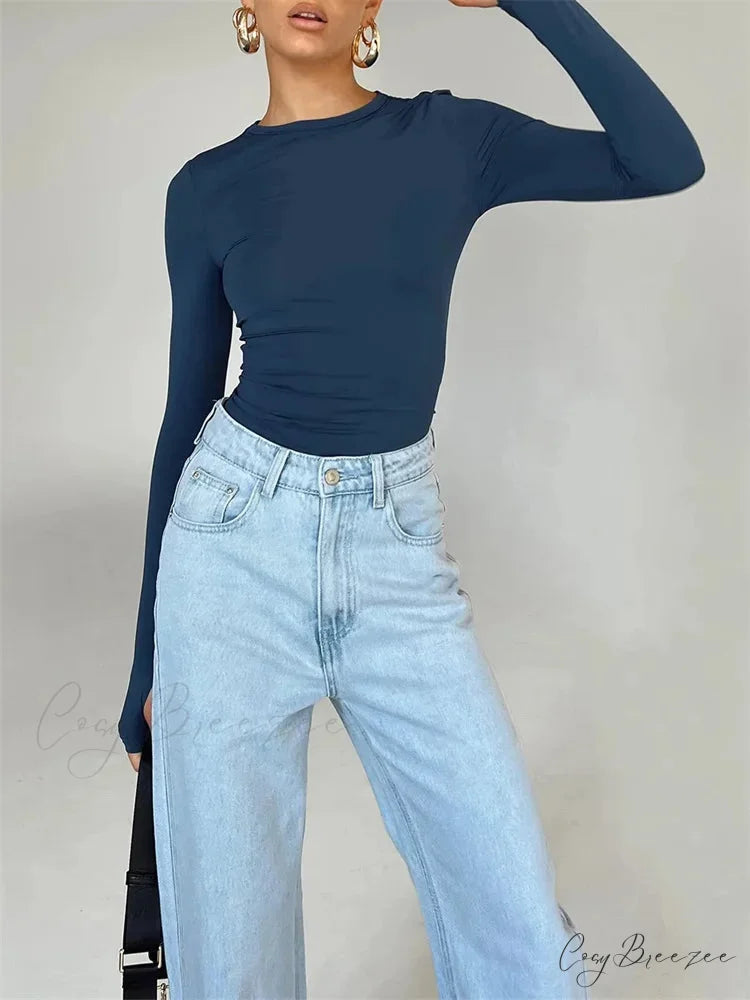Long Sleeve Casual Pullover Thumb Hole Base T-Shirts BLUE / S