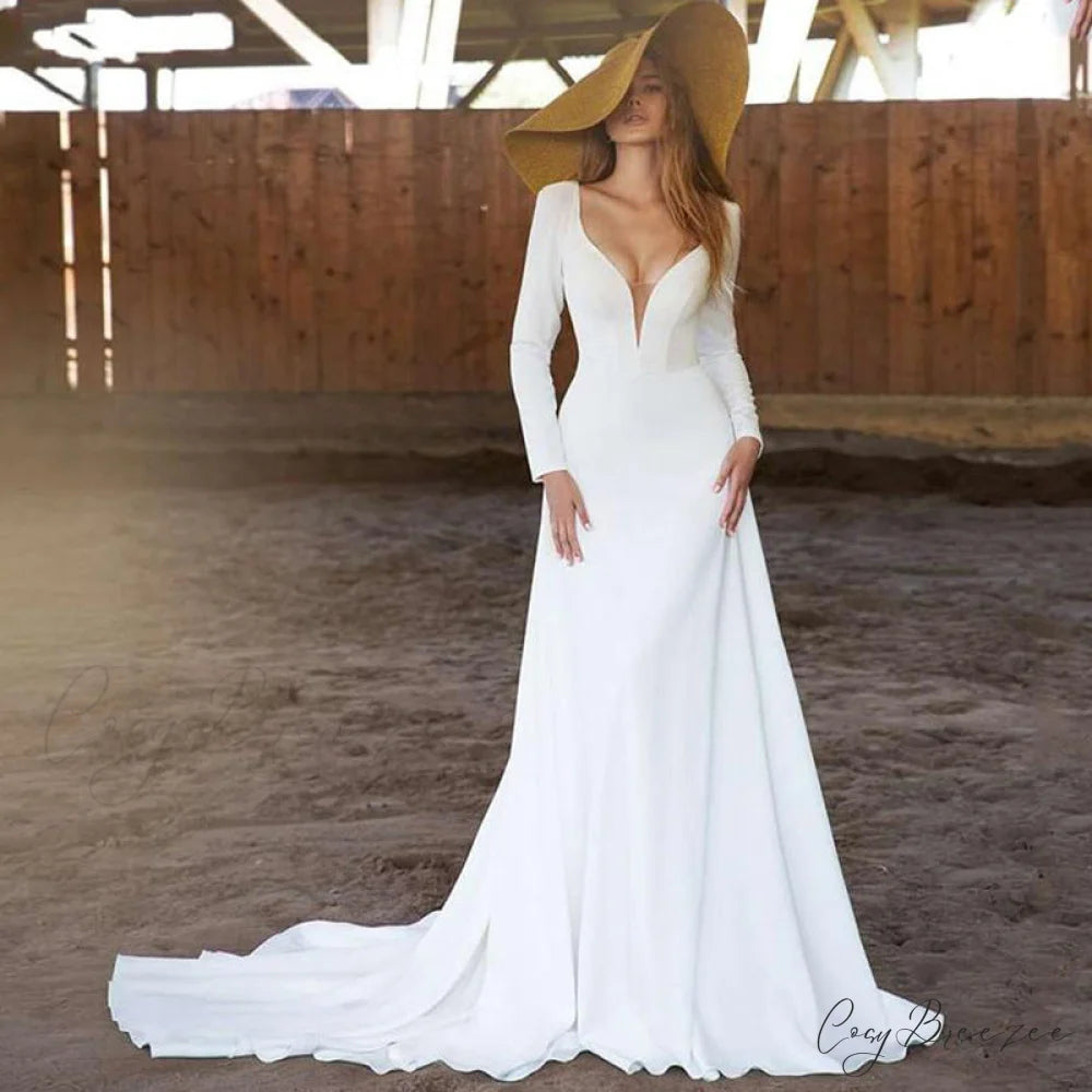 Long Sleeve Deep V-Neck Wedding Dress white / 2 weddingdress-250223