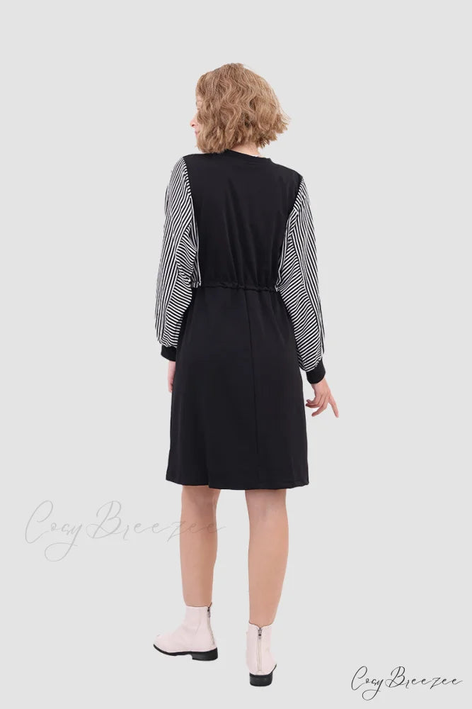Long Sleeve Dress with Drawstring Waist Black / L