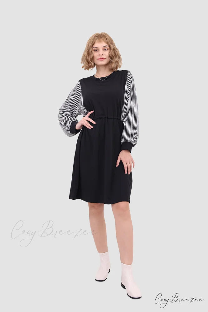 Long Sleeve Dress with Drawstring Waist Black / M