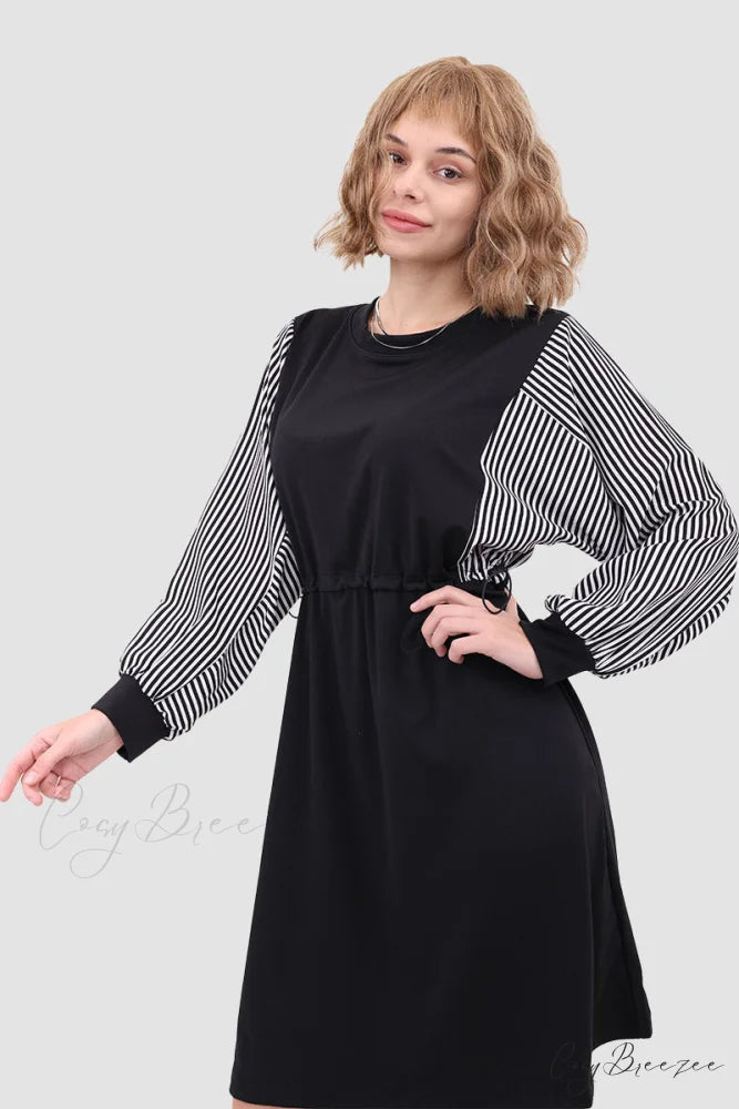 Long Sleeve Dress with Drawstring Waist Black / XL