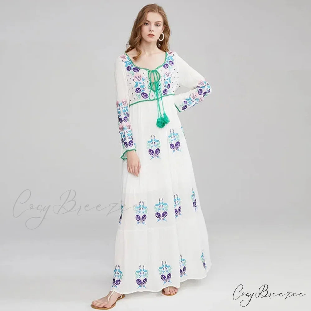 Long Sleeve Ethnic Tunic Maxi Dress bohodress-250126