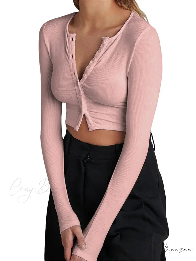 Long Sleeve Front Buttons Up Slim Fit Casual T-Shirts