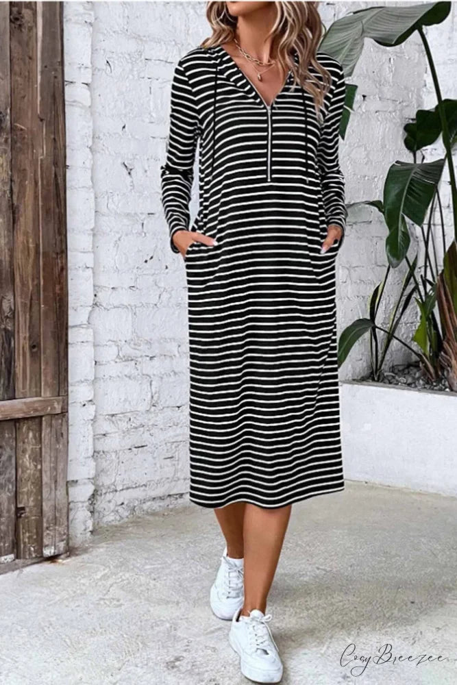 Long Sleeve Hooded Dress with Stripes Black / S