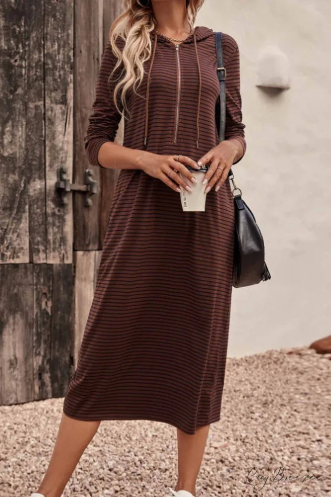 Long Sleeve Hooded Dress with Stripes Coffee / XL