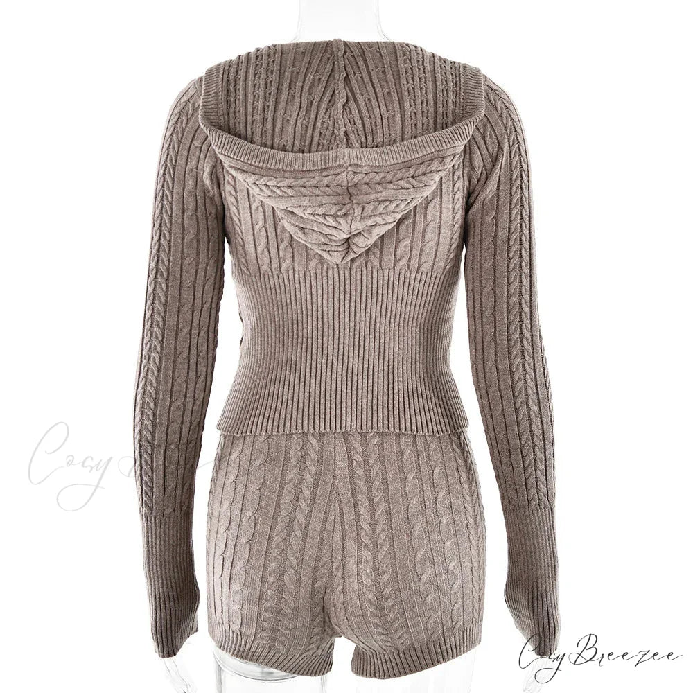 Long Sleeve Knitted V-Neck Graceful Hooded Sweater And Shorts Set