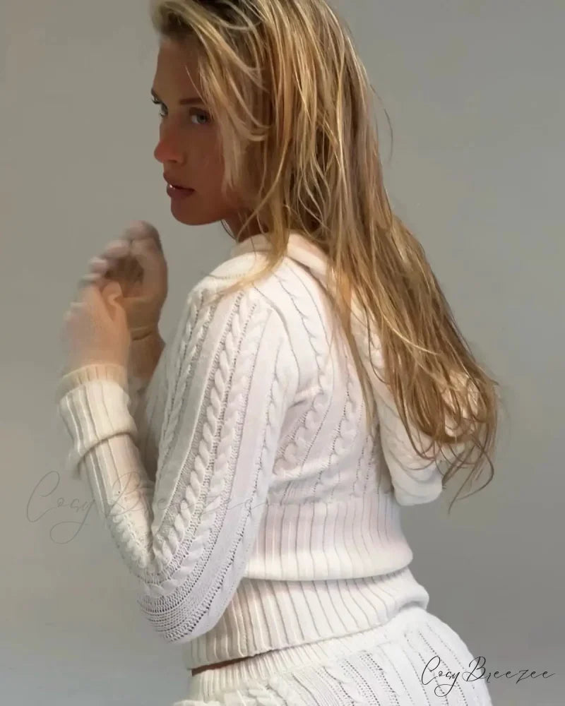 Long Sleeve Knitted V-Neck Graceful Hooded Sweater And Shorts Set