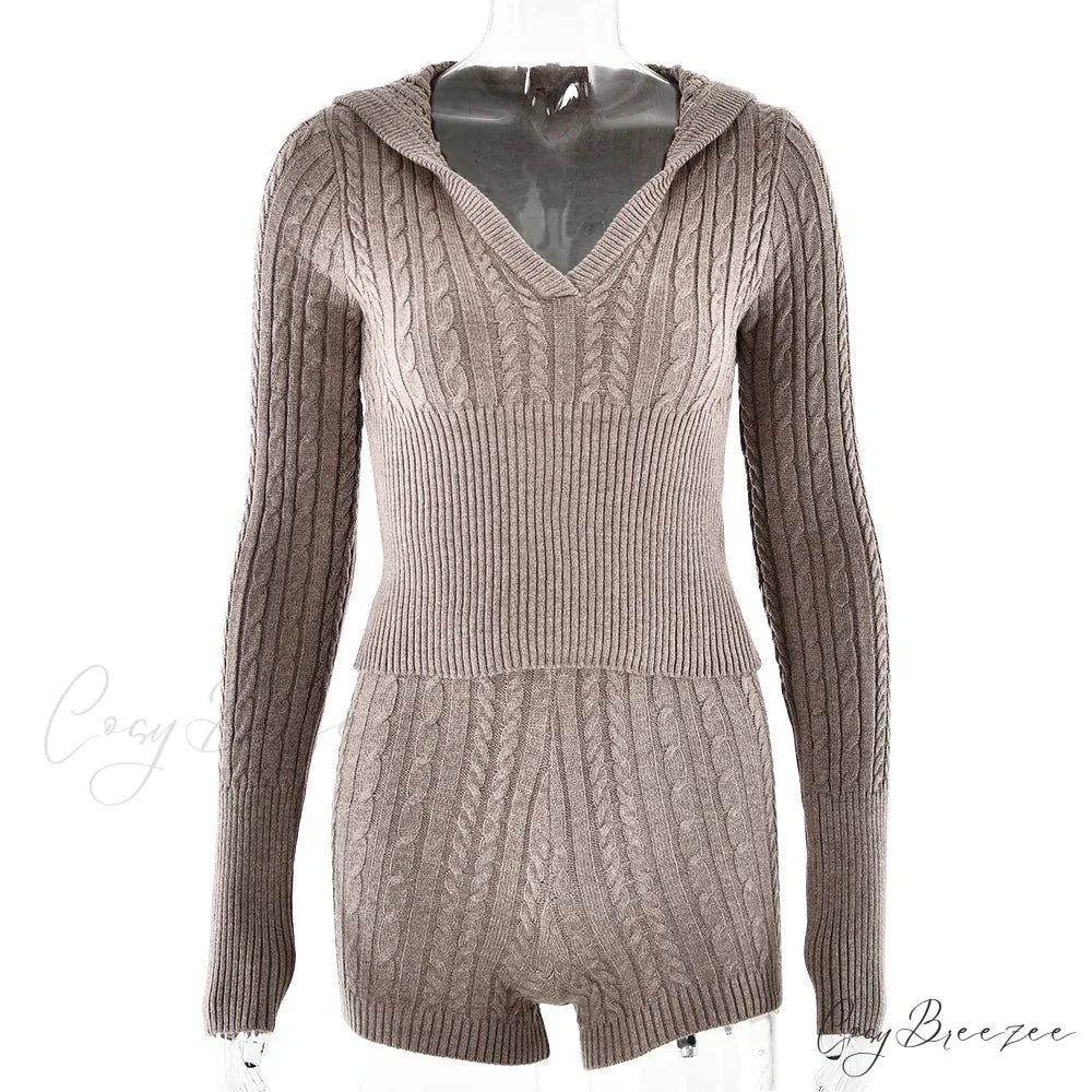 Long Sleeve Knitted V-Neck Graceful Hooded Sweater And Shorts Set