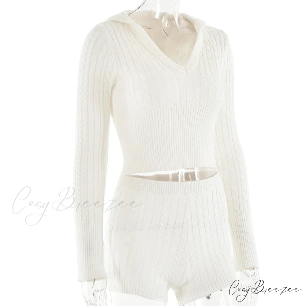 Long Sleeve Knitted V-Neck Graceful Hooded Sweater And Shorts Set