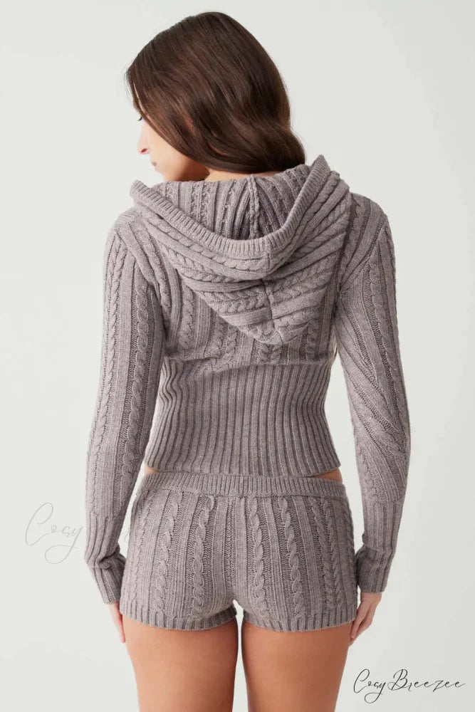 Long Sleeve Knitted V-Neck Graceful Hooded Sweater And Shorts Set