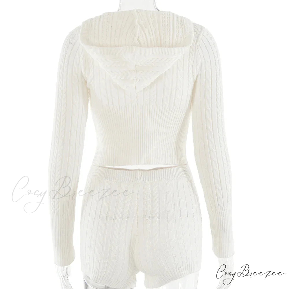 Long Sleeve Knitted V-Neck Graceful Hooded Sweater And Shorts Set