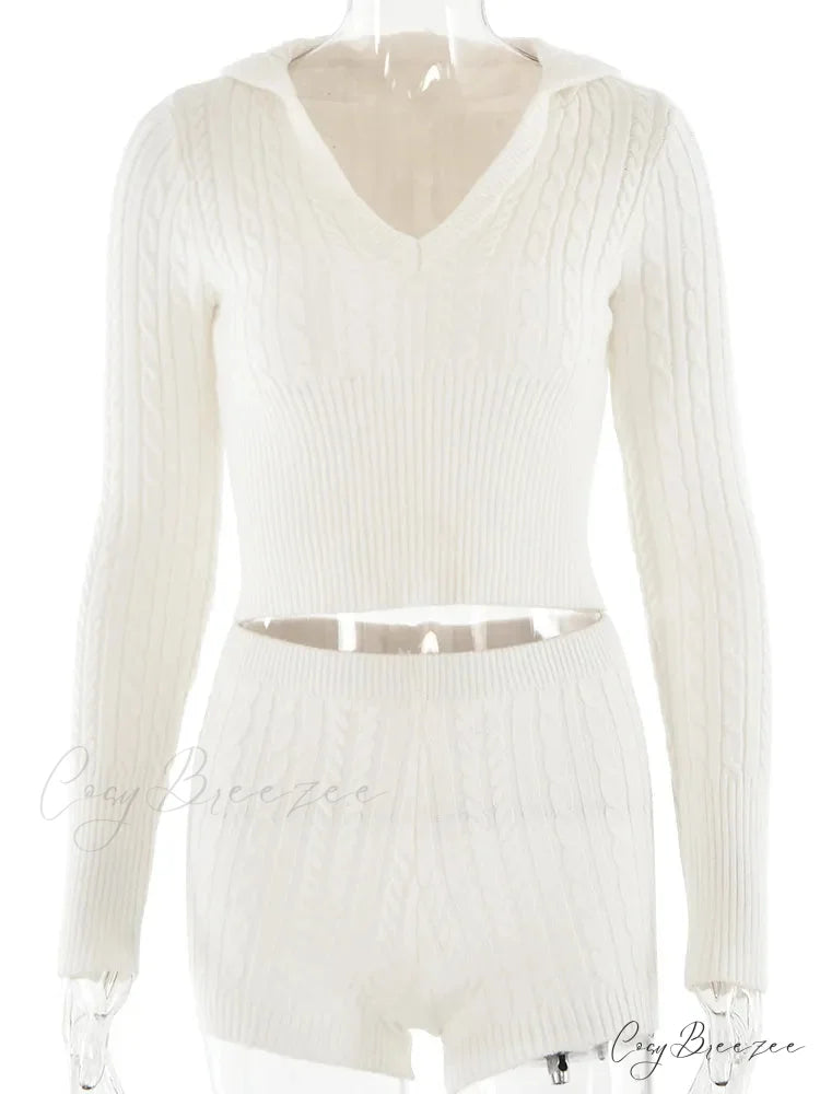 Long Sleeve Knitted V-Neck Graceful Hooded Sweater And Shorts Set