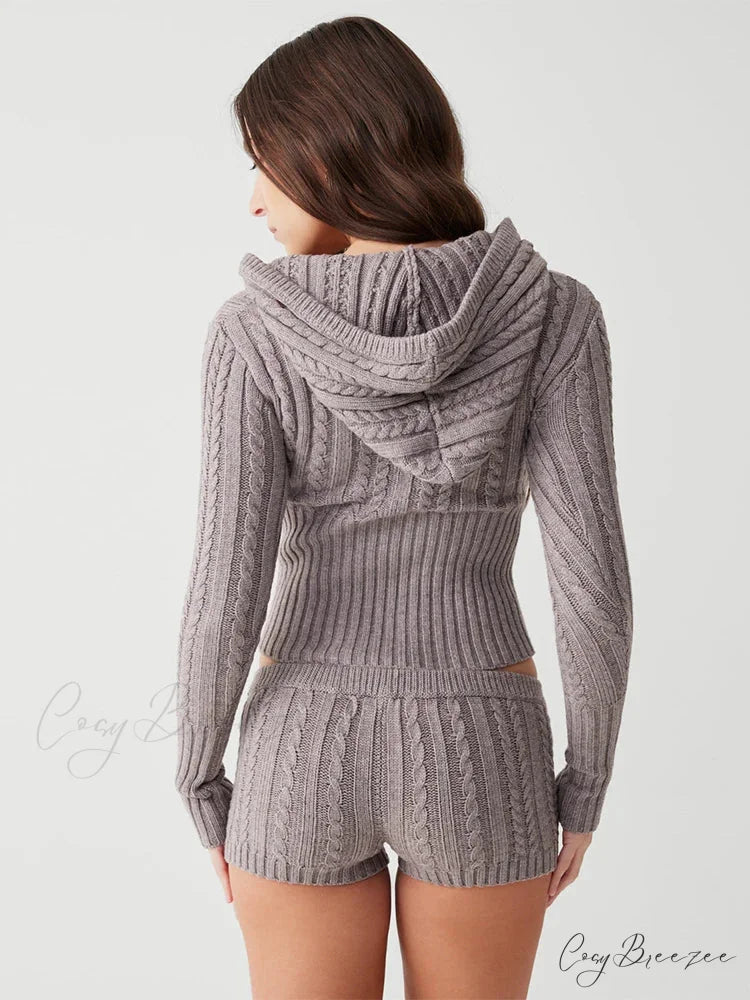 Long Sleeve Knitted V-Neck Graceful Hooded Sweater And Shorts Set