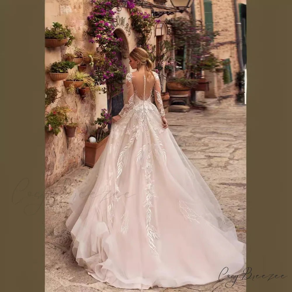 Long Sleeve Lace Applique Wedding Dress weddingdress-250223