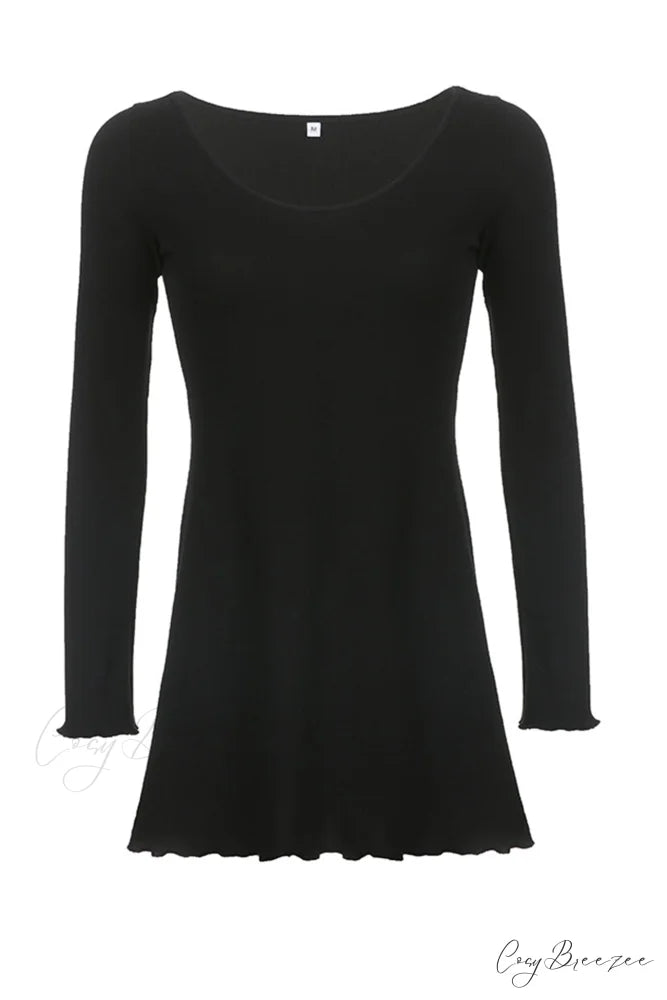 Long Sleeve Lacework Hem Dress with Round Neck