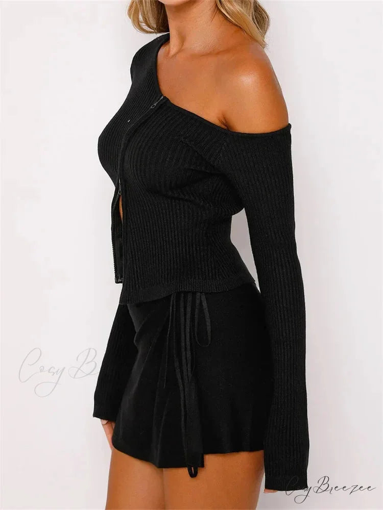 Long Sleeve Off Shoulder Front Zip Up Ribbed Knitted Cardigan T-Shirts