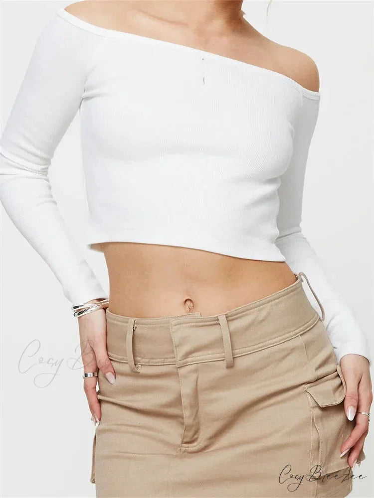 Long Sleeve Off-shoulder Solid Slim Fit Ribbed Hollow Out T-Shirts WHITE / S