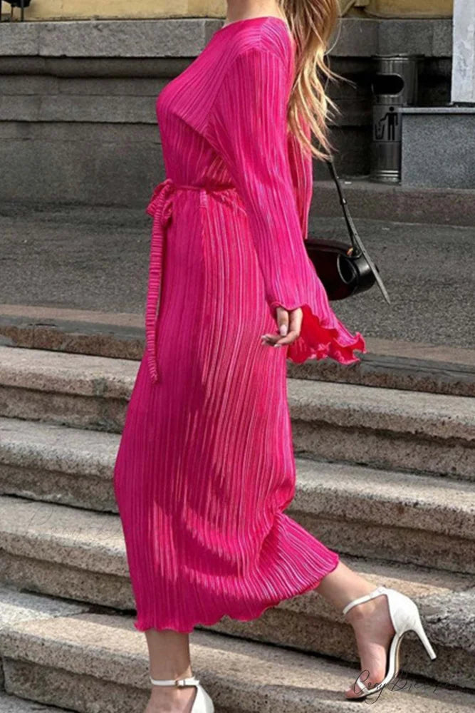 Long Sleeve Pleated Flares Dress with Tie-waist
