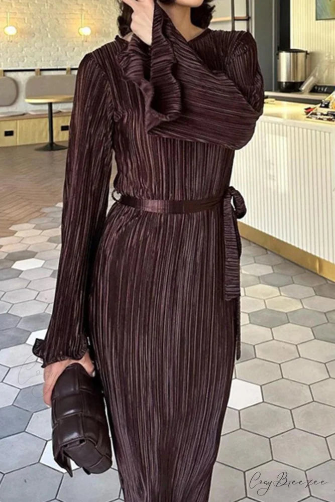 Long Sleeve Pleated Flares Dress with Tie-waist