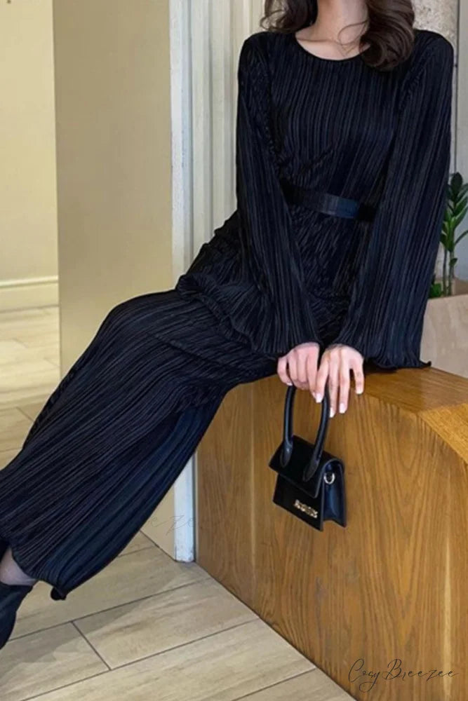 Long Sleeve Pleated Flares Dress with Tie-waist Black / L
