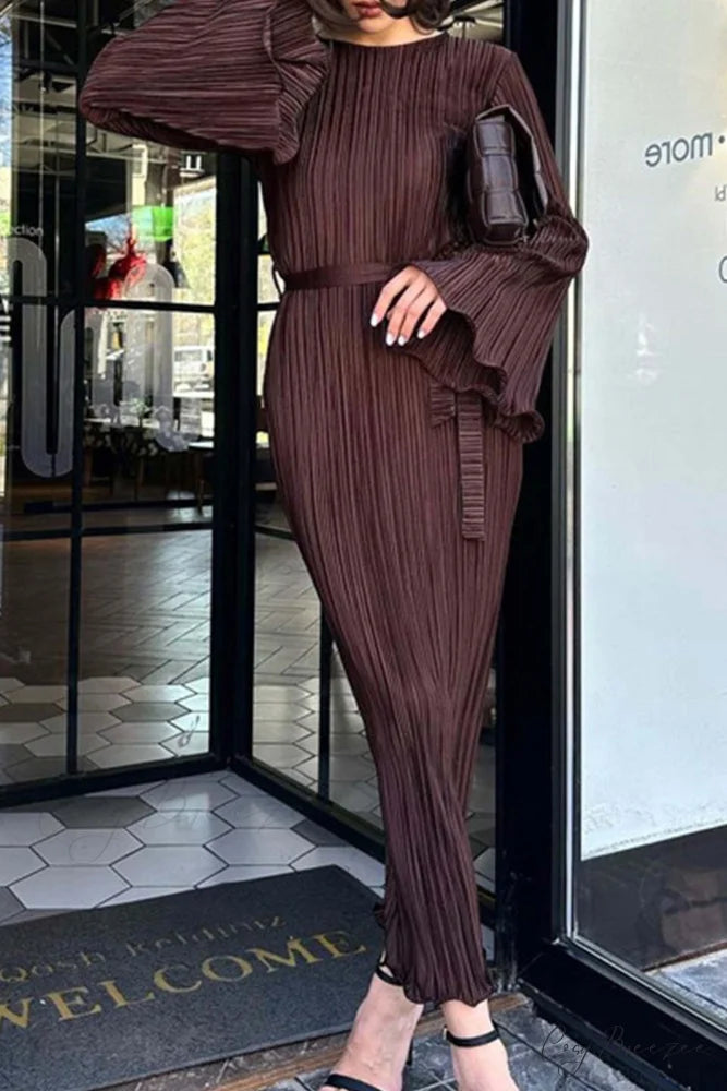 Long Sleeve Pleated Flares Dress with Tie-waist Brown / L