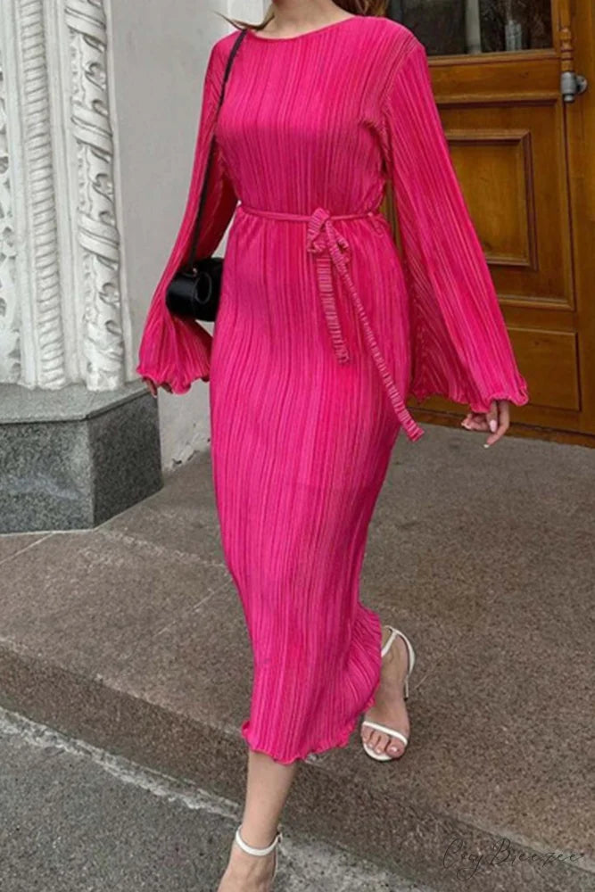 Long Sleeve Pleated Flares Dress with Tie-waist Pink / L
