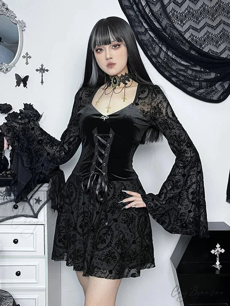 Long Sleeve Ruffle Mini Vintage V Neck Velvet Stretchy Bodycon Cocktail Victorian Dress Black / S
