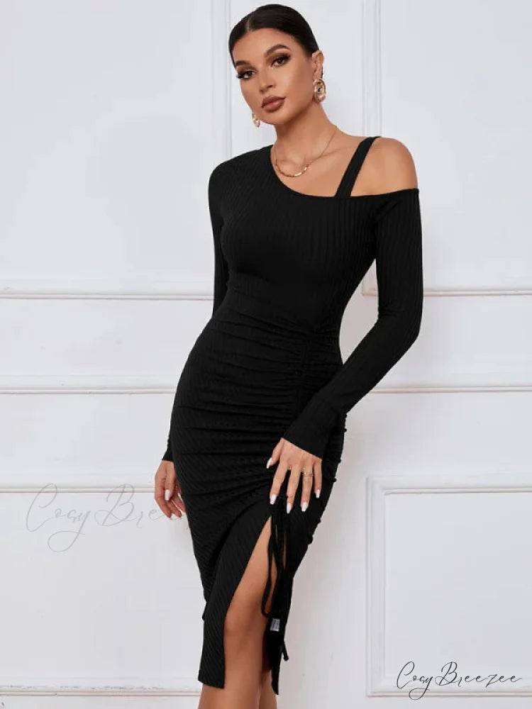 LONG SLEEVE SEXY DRESS L / burgundy