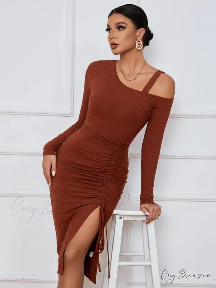 LONG SLEEVE SEXY DRESS M / burgundy