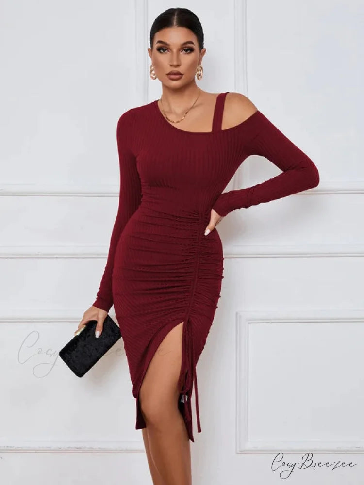 LONG SLEEVE SEXY DRESS S / burgundy