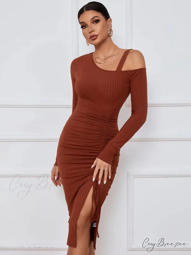 LONG SLEEVE SEXY DRESS S / caramel