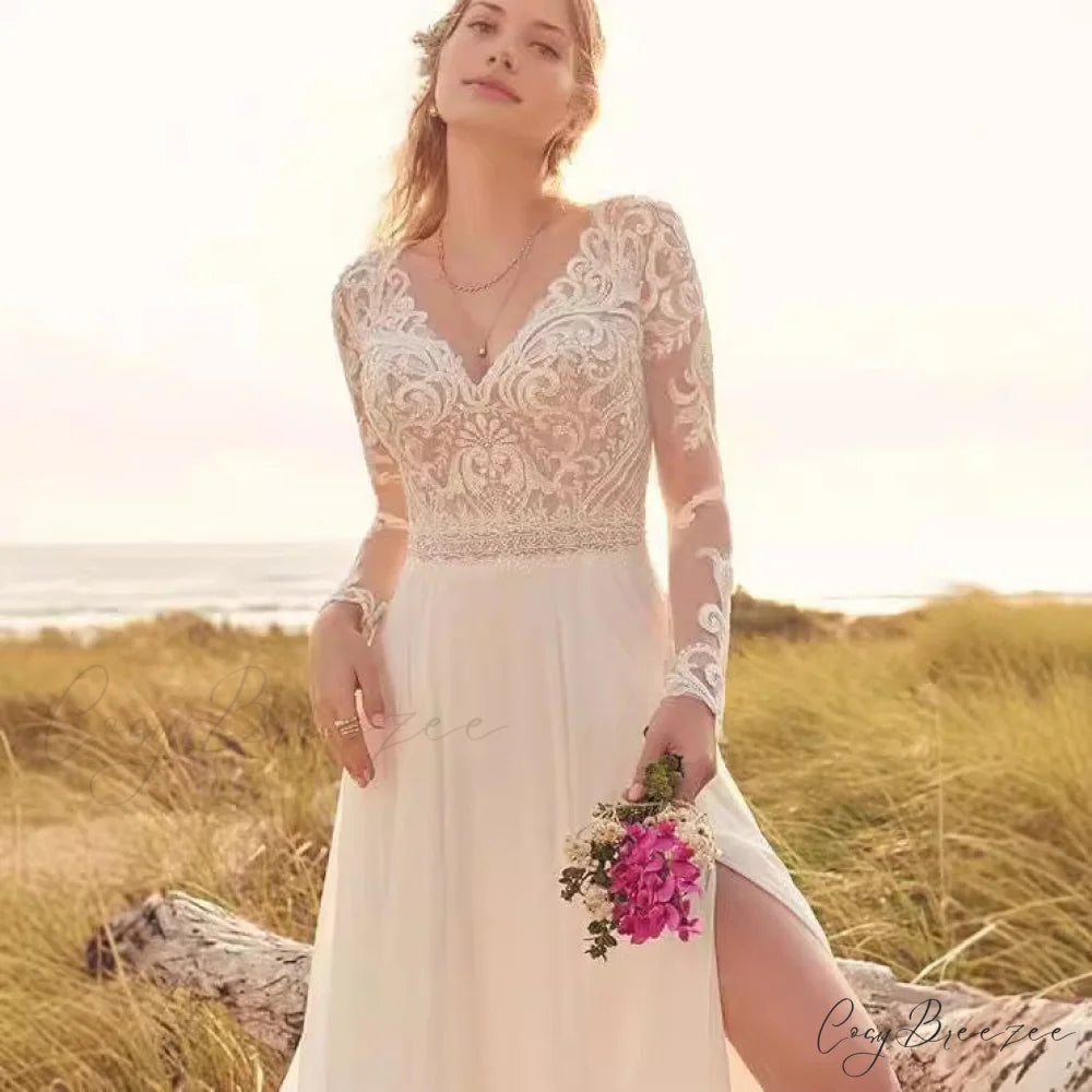 Long Sleeve Sheer Tulle Bridal Wedding Dress lvory white / 2 weddingdress-250223