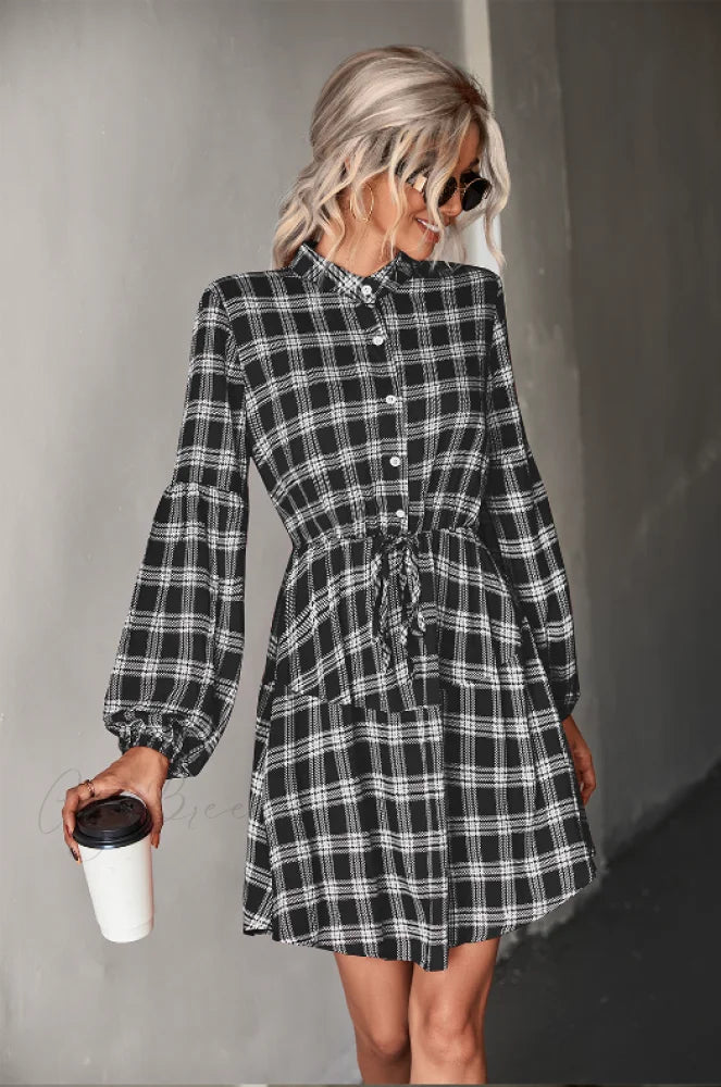 Long Sleeve Shirt Dress - Checked