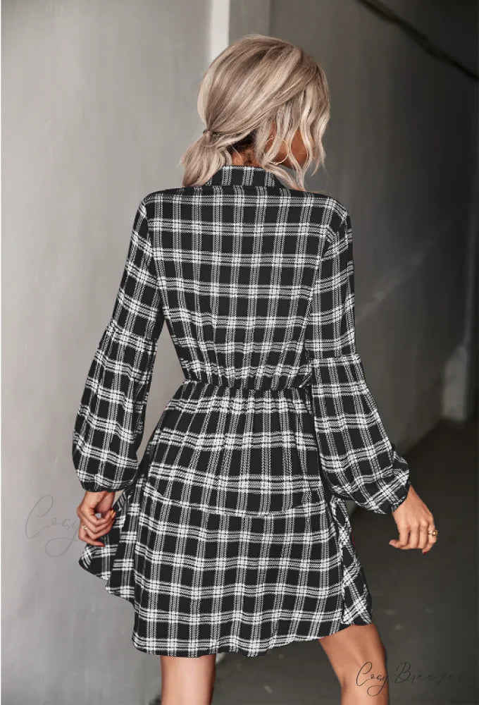 Long Sleeve Shirt Dress - Checked