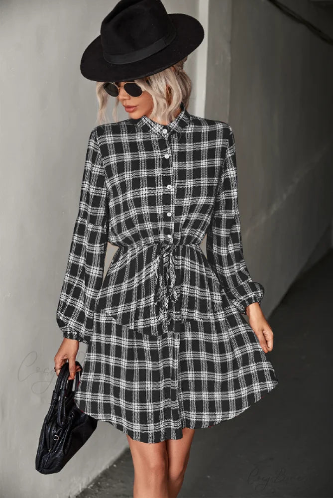 Long Sleeve Shirt Dress - Checked L / black
