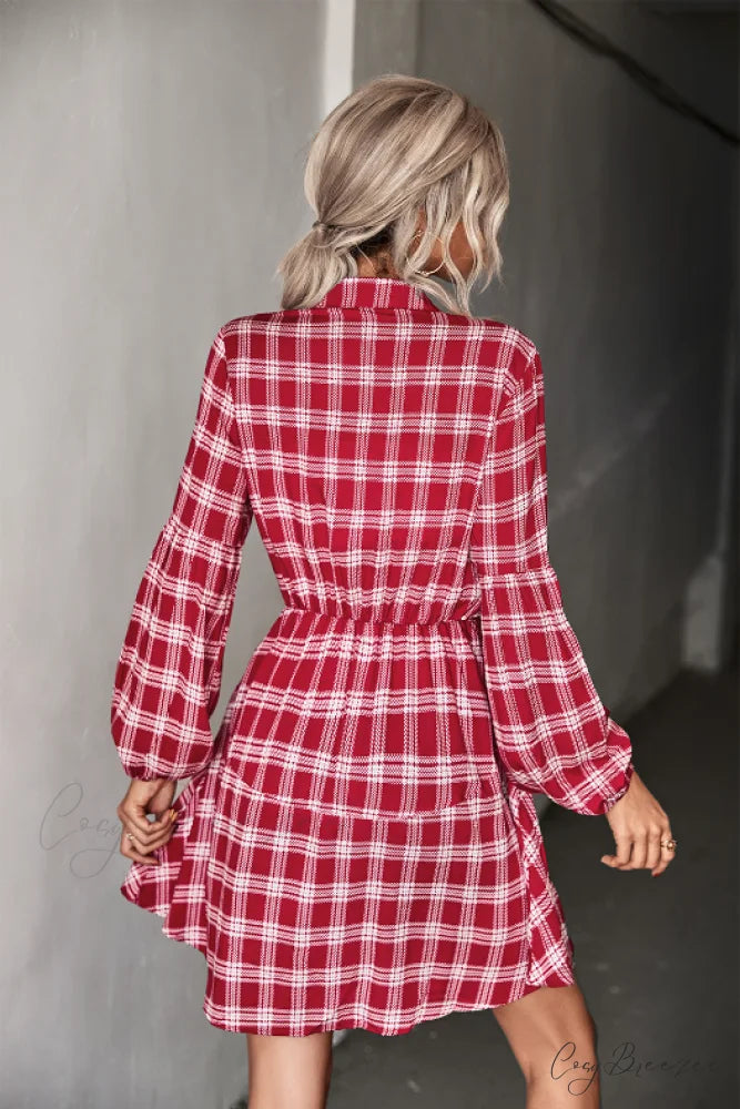 Long Sleeve Shirt Dress - Checked L / red