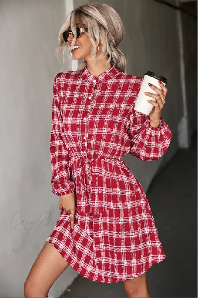 Long Sleeve Shirt Dress - Checked M / black