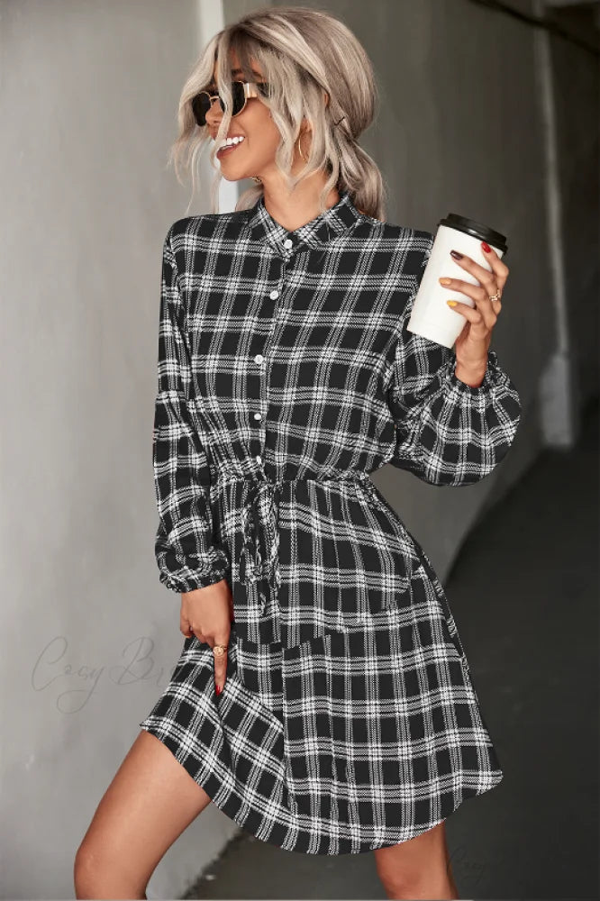 Long Sleeve Shirt Dress - Checked XL / black